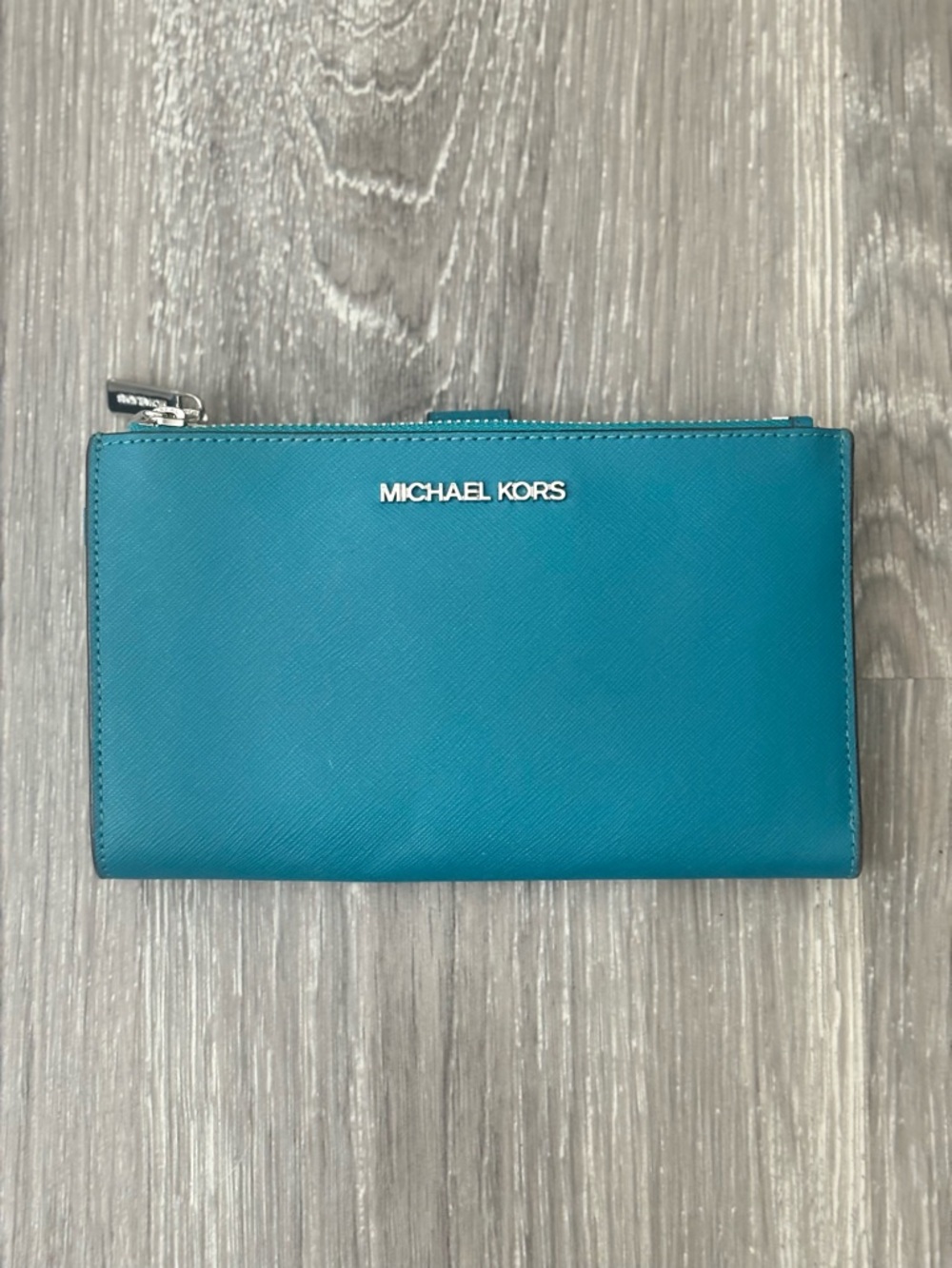 Michael Kors Saffiano Leather Double Zip Wallet Teal Clutch (No Wristlet Strap)